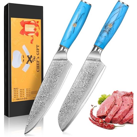 Damascus Chef Knife & Santoku Set with Ergonomic Handles