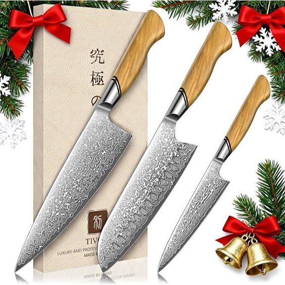 TIVOLI Damascus Kitchen Knife Set 3 pcs Olive Wood