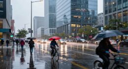 rain transforms urban scenery